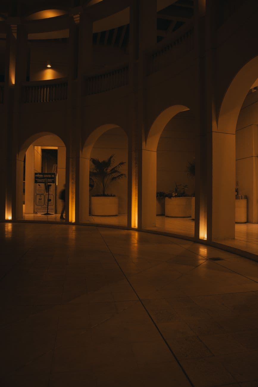 Elegant indoor setting featuring warm-lit arches, creating a dramatic and inviting atmosphere.
