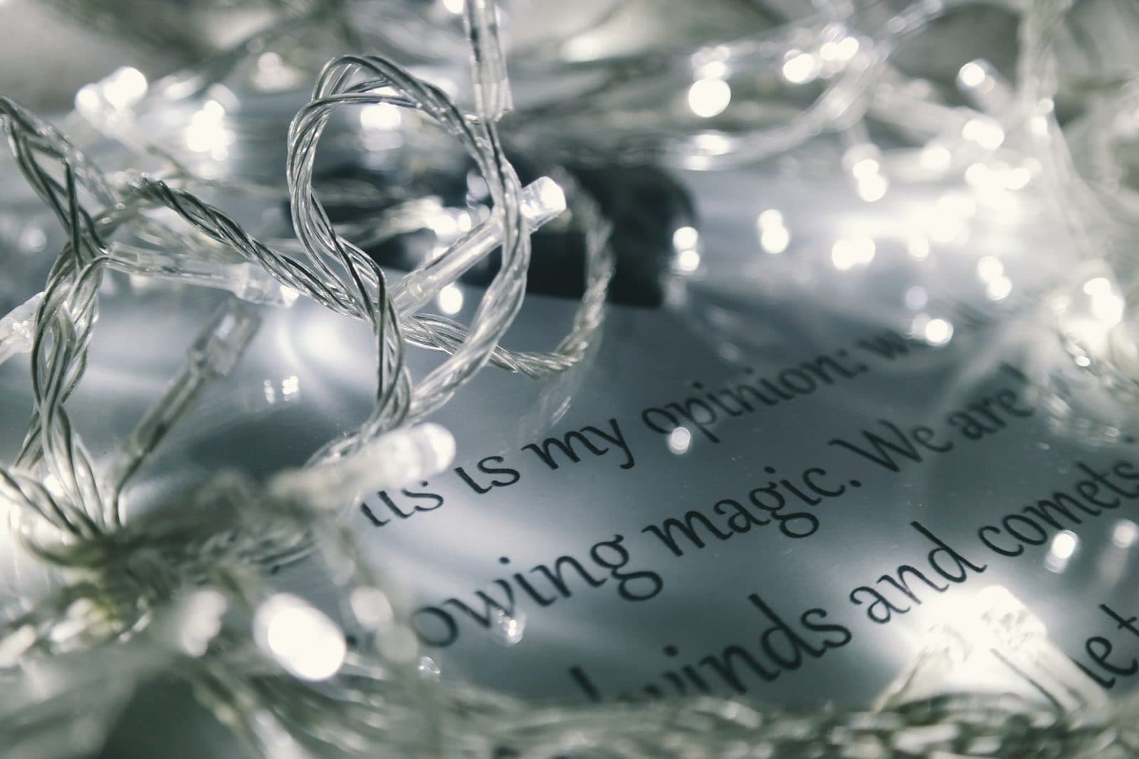 Close-up of glowing Christmas string lights draped over a page with inspiring words, creating a festive and cozy atmosphere.