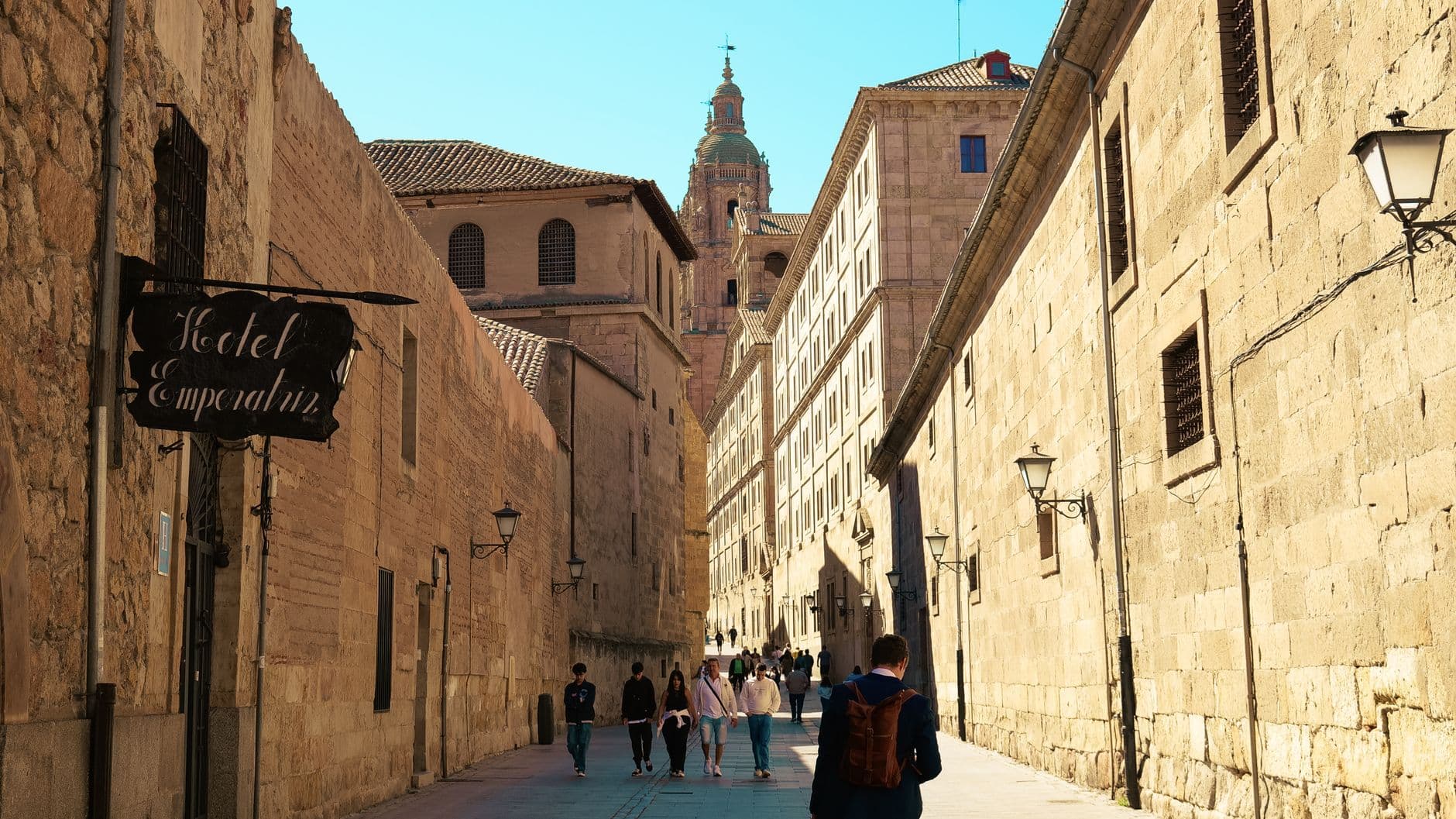 Charming street scene depicting historic architecture in Salamanca, Spain.